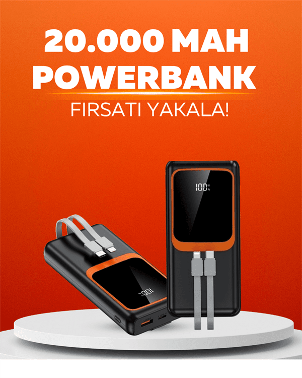 20.000 mAh Powerbank – 22.5W Hızlı Şarj, Çok Kablolu, Dijital Göstergeli