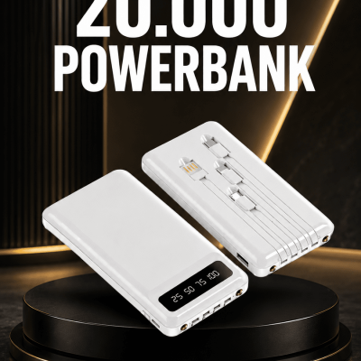 20.000mAh PD Powerbank LED Işık LCD Ekran Dahili Kablo Çoklu Giriş Yeni Nesil