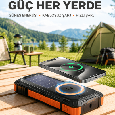 20000 mAh Powerbank Güneş Enerjili Kablosuz Şarj Hızlı Şarj Taşınabilir Batarya