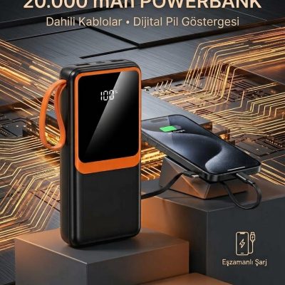 20000 mAh Yüksek Kapasiteli Powerbank Dahili Kablolu Dijital Göstergeli Taşınabilir Şarj Cihazı