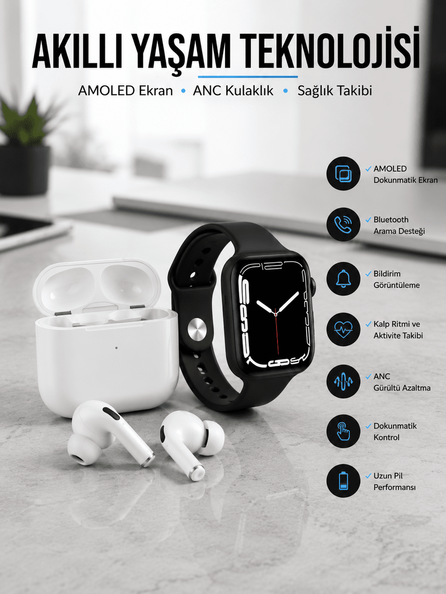 2025 Model Akıllı Saat ve Yeni Nesil Pro Bluetooth Kulaklık TWS Yüksek Ses Kaliteli