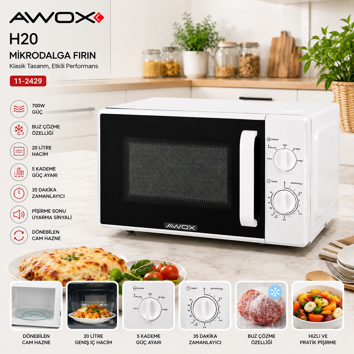 20L 700W Mikrodalga Fırın - 5 Güç Kademesi, Buz Çözme, Beyaz