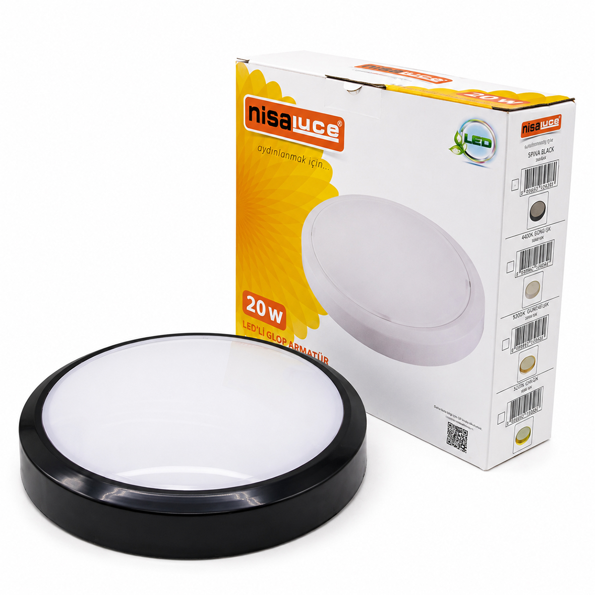20W LED Glop Armatür Sıva Üstü Yuvarlak Siyah 6500K 1800Lm IP20
