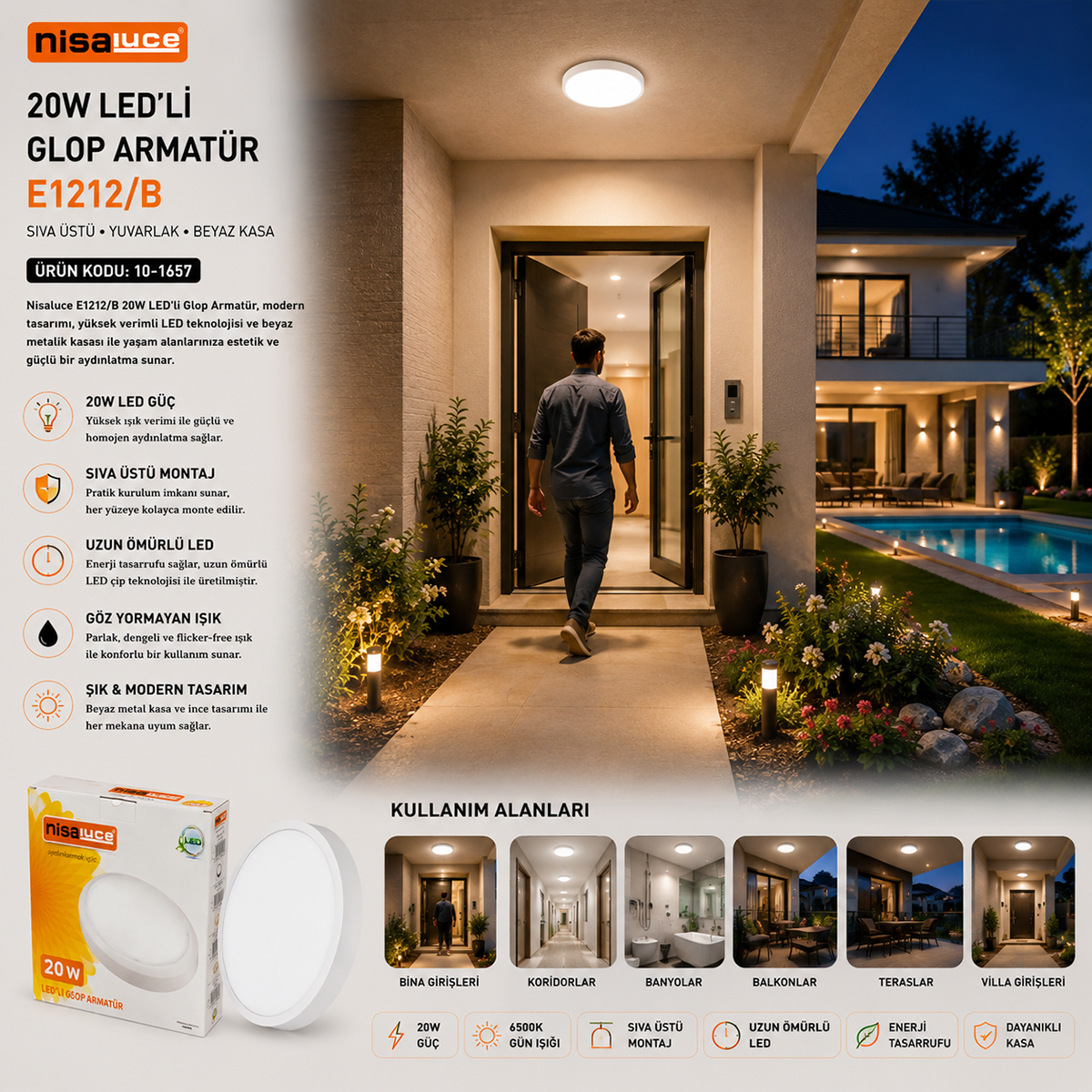 20W LED Sıva Üstü Yuvarlak Armatür 6500K 1800lm Beyaz Metal