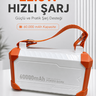 22.5W Hızlı Şarj Destekli 60000 mAh Powerbank 4 Dahili Kablolu Çoklu USB Type-C Çıkışlı Güç Bankası