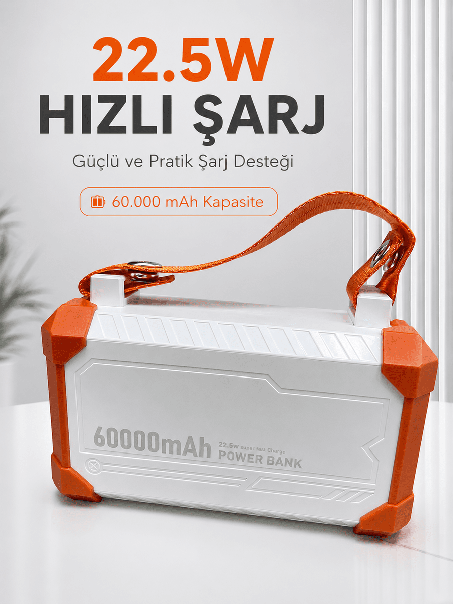 22.5W Hızlı Şarj Destekli 60000 mAh Powerbank 4 Dahili Kablolu Çoklu USB Type-C Çıkışlı Güç Bankası
