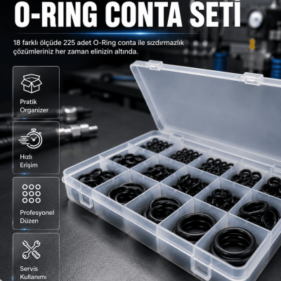 225 Parça O-Ring Conta Seti 18 Farklı Ölçü Kauçuk Sızdırmazlık Conta Organizer Kutulu