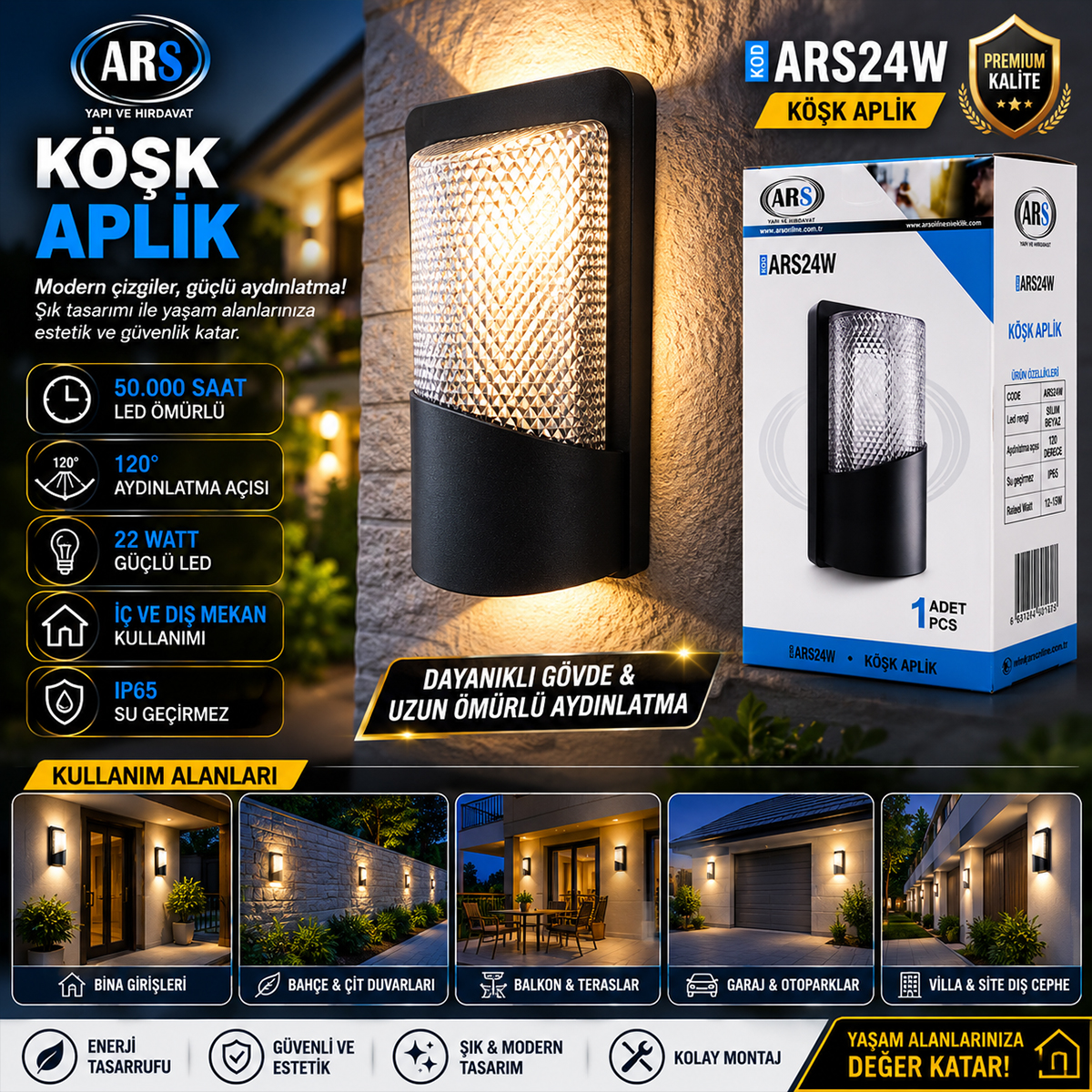 22W IP66 LED Duvar Aplik - 50.000 Saat