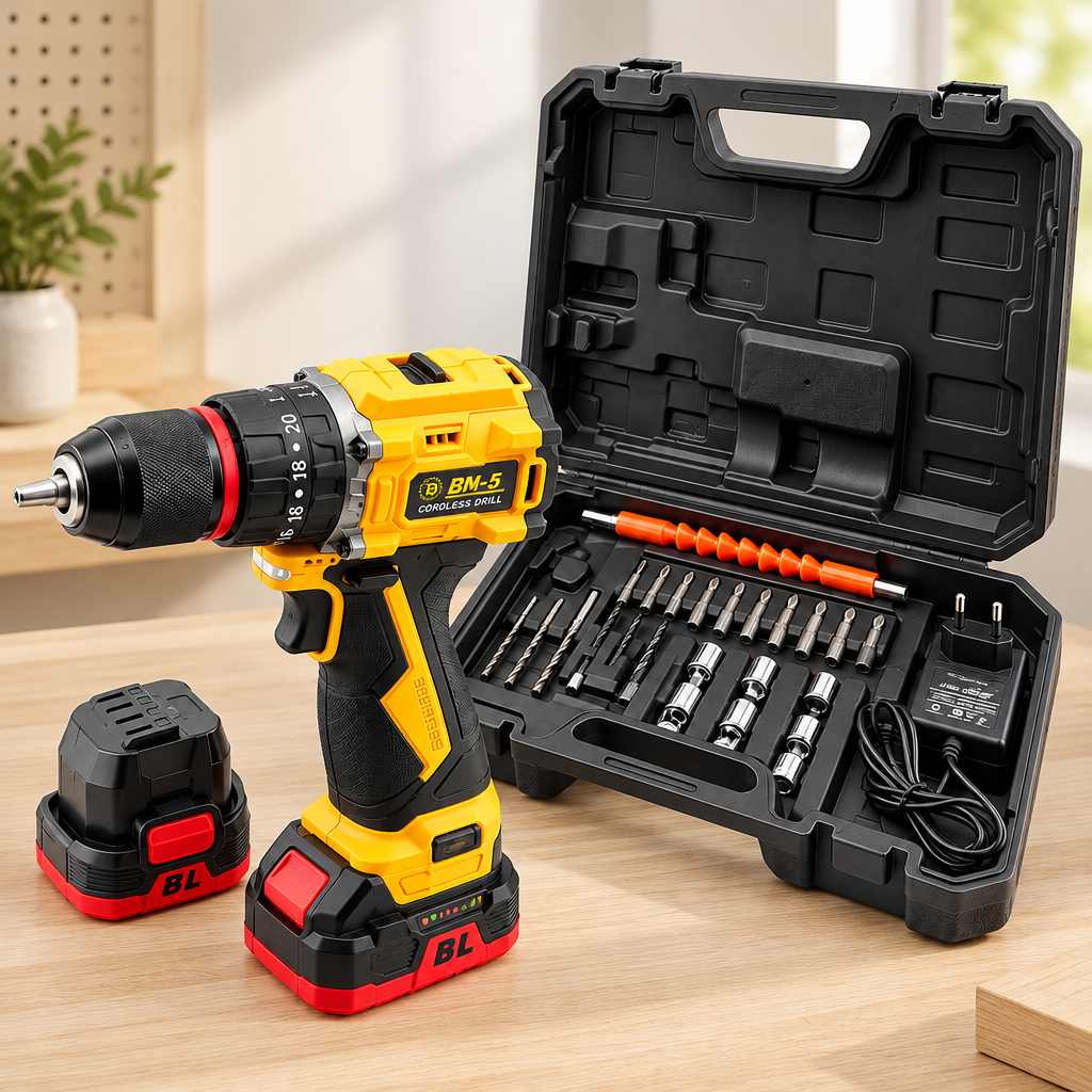 24V Fırçasız Şarjlı Darbeli Matkap + Uç Seti - 5.0Ah, 1550 RPM, 2 Batarya