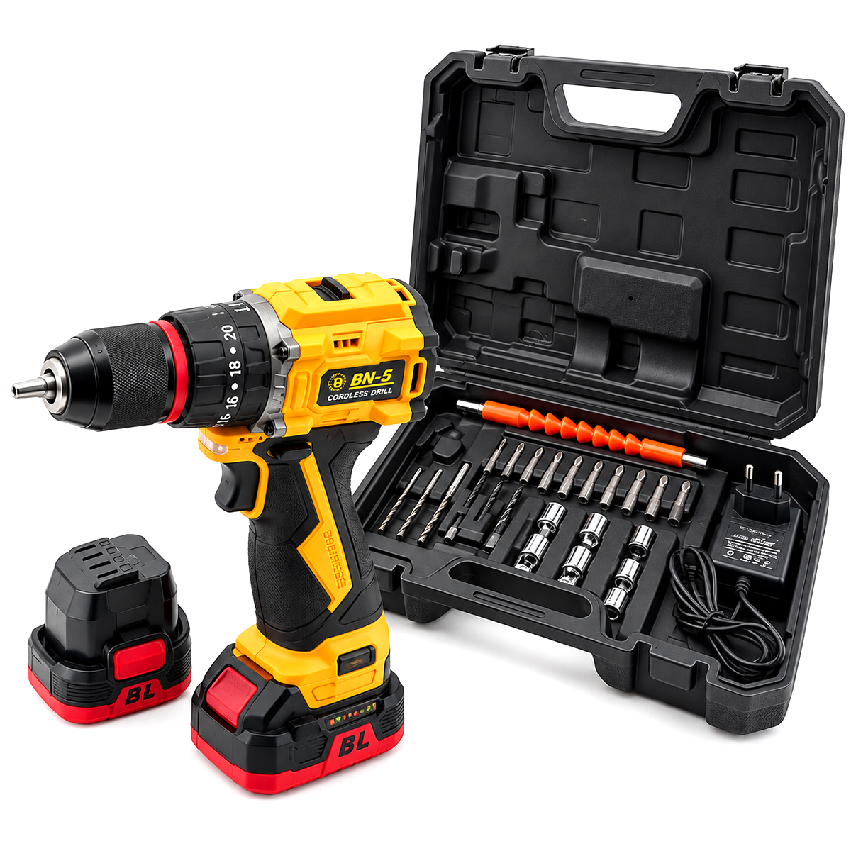 24V Fırçasız Şarjlı Darbeli Matkap + Uç Seti - 5.0Ah, 1550 RPM, 2 Batarya