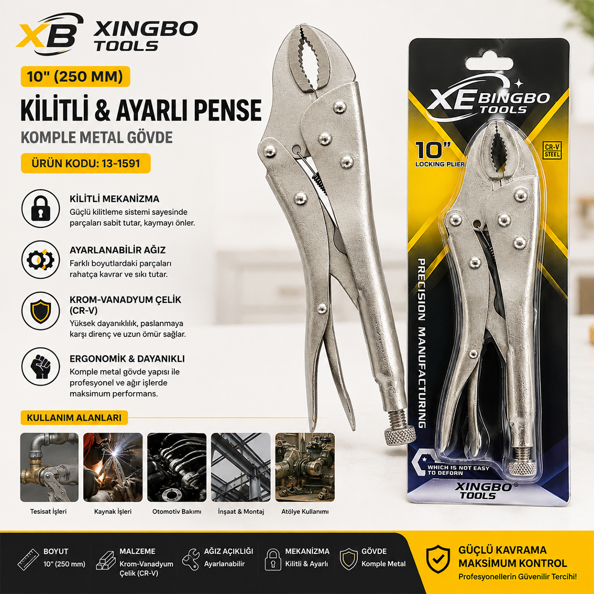250 mm Kilitli Ayarlı Pense (Krom, Komple Metal)