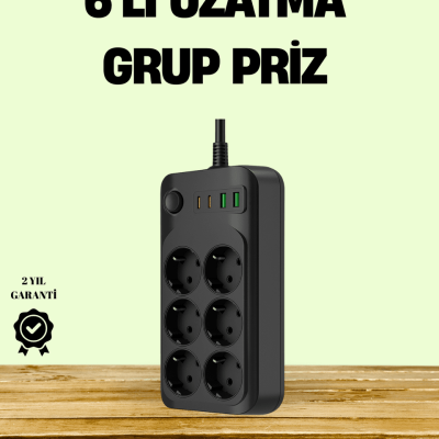 2500W Güçlü 6’lı Priz USB ve Type-C Çıkışlı Termal Korumalı