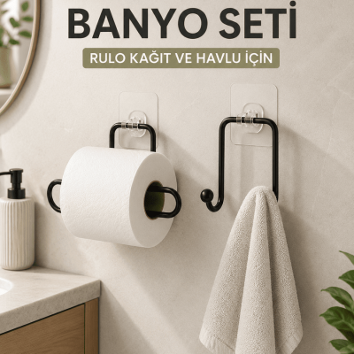 2’li Yapışkanlı Banyo Düzenleme Seti Rulo Kağıt Tutucu ve Havlu Askılığı