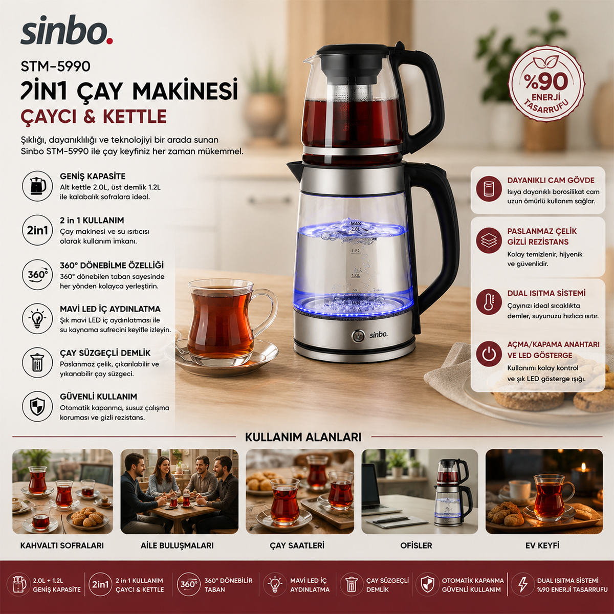 2'si 1 Arada Elektrikli Çay Makinesi ve Kettle 2L+1.2L Çelik