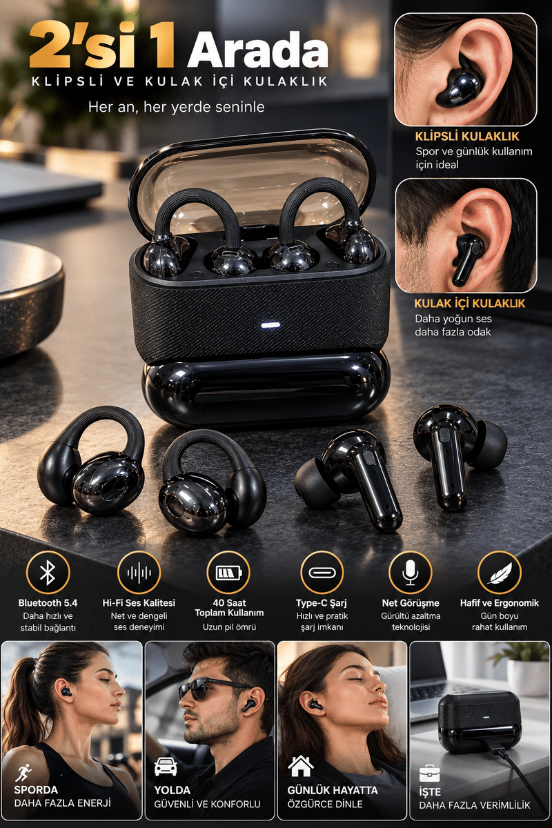 Kablosuz Bluetooth Kulaklık 4 Kulaklıklı 2’si 1 Arada Siyah