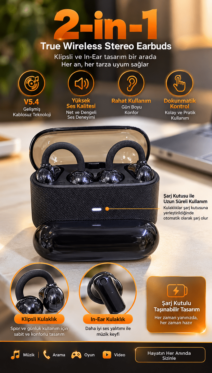 Kablosuz Bluetooth Kulaklık 4 Kulaklıklı 2’si 1 Arada Siyah