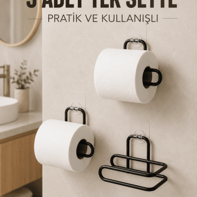3 Adet Siyah Rulo Kağıt Tutucu Yapışkanlı Duvar Tipi Pratik Kağıtlık Seti