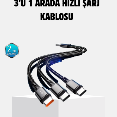 3 Başlıklı Hızlı Şarj Kablosu Metal Alaşımlı Dayanıklı ve Akıllı Çipli
