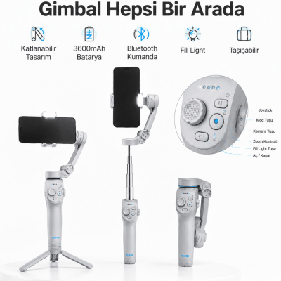 3 Eksen Telefon Gimbal Stabilizer Yapay Zeka Takipli Katlanabilir Dahili Dolgu Işıklı Video Sabitleyici