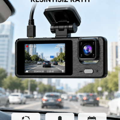 3 Kameralı Araç DVR 1080P Ön + HD Arka + İç Kamera Döngü Kayıt 2’’ Ekran
