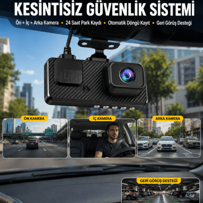 3 Kameralı Araç İçi DVR Kayıt Cihazı  Ön İç Arka Kamera Full HD