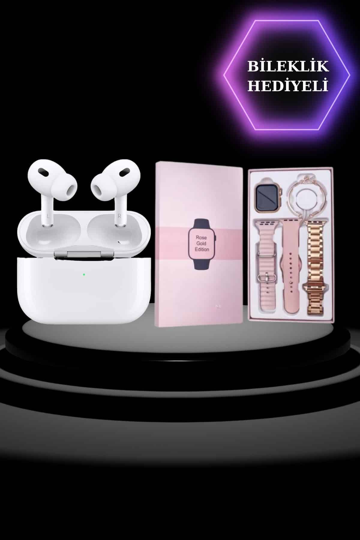3 Kordonlu Pembe Amoled Ekran Akıllı Saat ve Yeni Nesil Pro Kablosuz Bluetooth Kulaklık ANC/ENC