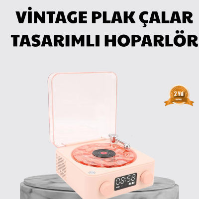 3-ü-1 Gece Işığı Bluetooth Hoparlör ve Dijital Saat Vintage Plak Çalar Tasarımlı