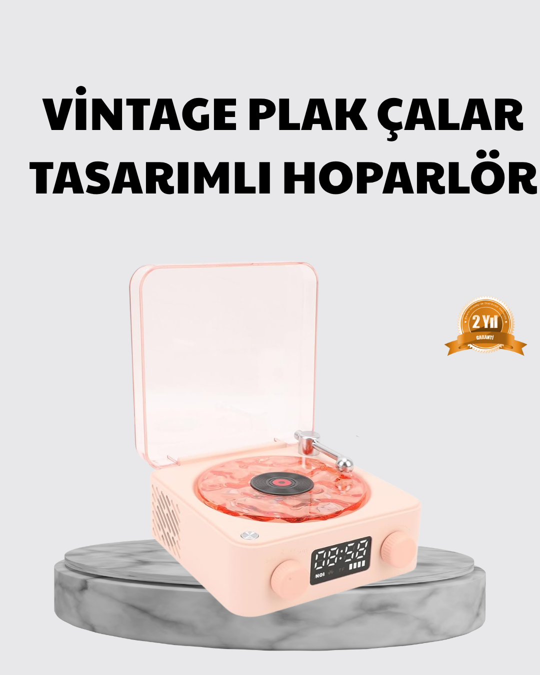 3-ü-1 Gece Işığı Bluetooth Hoparlör ve Dijital Saat Vintage Plak Çalar Tasarımlı