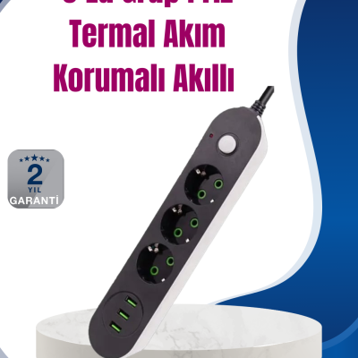 3 USB Çıkışlı Hızlı Şarjlı Anahtarlı Üçlü Priz