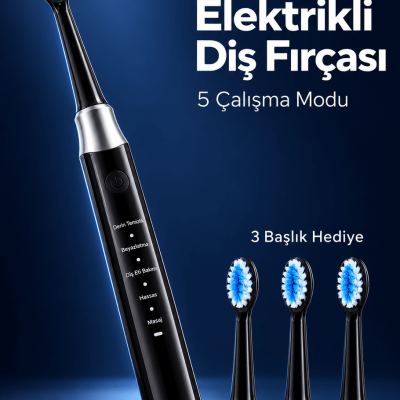 3 Yedek Başlık Hediyeli USB Şarjlı Siyah Elektrikli Diş Fırçası
