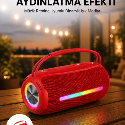 360 RGB LED'li Taşınabilir Bluetooth Hoparlör – Kırmızı, USB/TF Destekli
