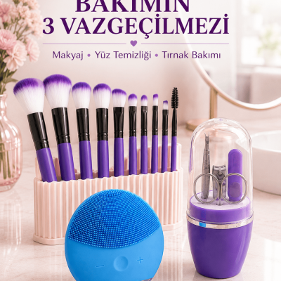 3’lü Güzellik ve Bakım Seti 12’li Mor Makyaj Fırçası Silikon Yüz Temizleme Cihazı ve Manikür Tırnak Bakım Seti