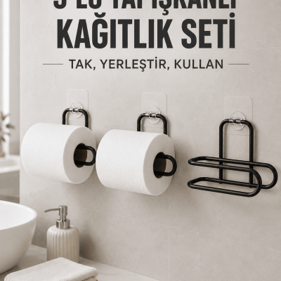 3’lü Siyah Duvar Tipi Kağıtlık Seti Yapışkanlı Pratik Rulo Tutucu
