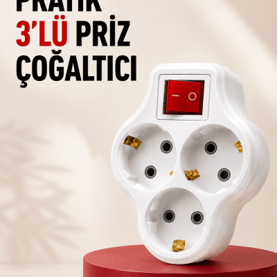 3’lü Topraklı Priz Çoklayıcı Açma Kapama Anahtarlı Direkt Prize Takılan Adaptör