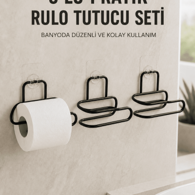3’lü Yapışkanlı Tuvalet Kağıdı Tutucu Seti Siyah Duvar Tipi Rulo Kağıtlık