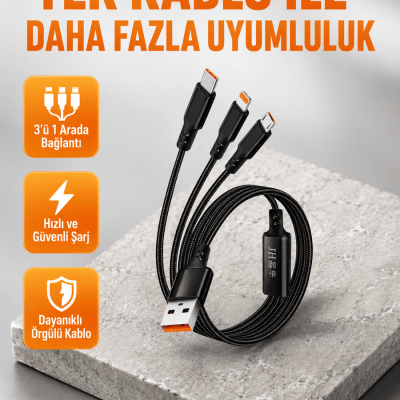 3’ü 1 Arada Şarj Kablosu Type-C iOS Android Uyumlu Hızlı ve Güvenli Şarj
