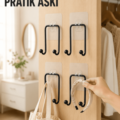 4 Adet Yapışkanlı Duvar Askısı Çok Amaçlı Pratik Askılık Seti