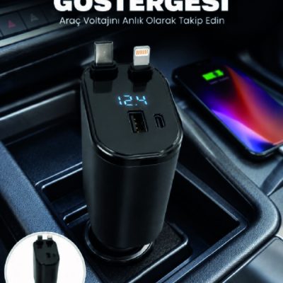 4 Cihazı Aynı Anda Şarj Eden Araç Şarj Cihazı USB-A, USB-C, Type-C ve Lightning Destekli