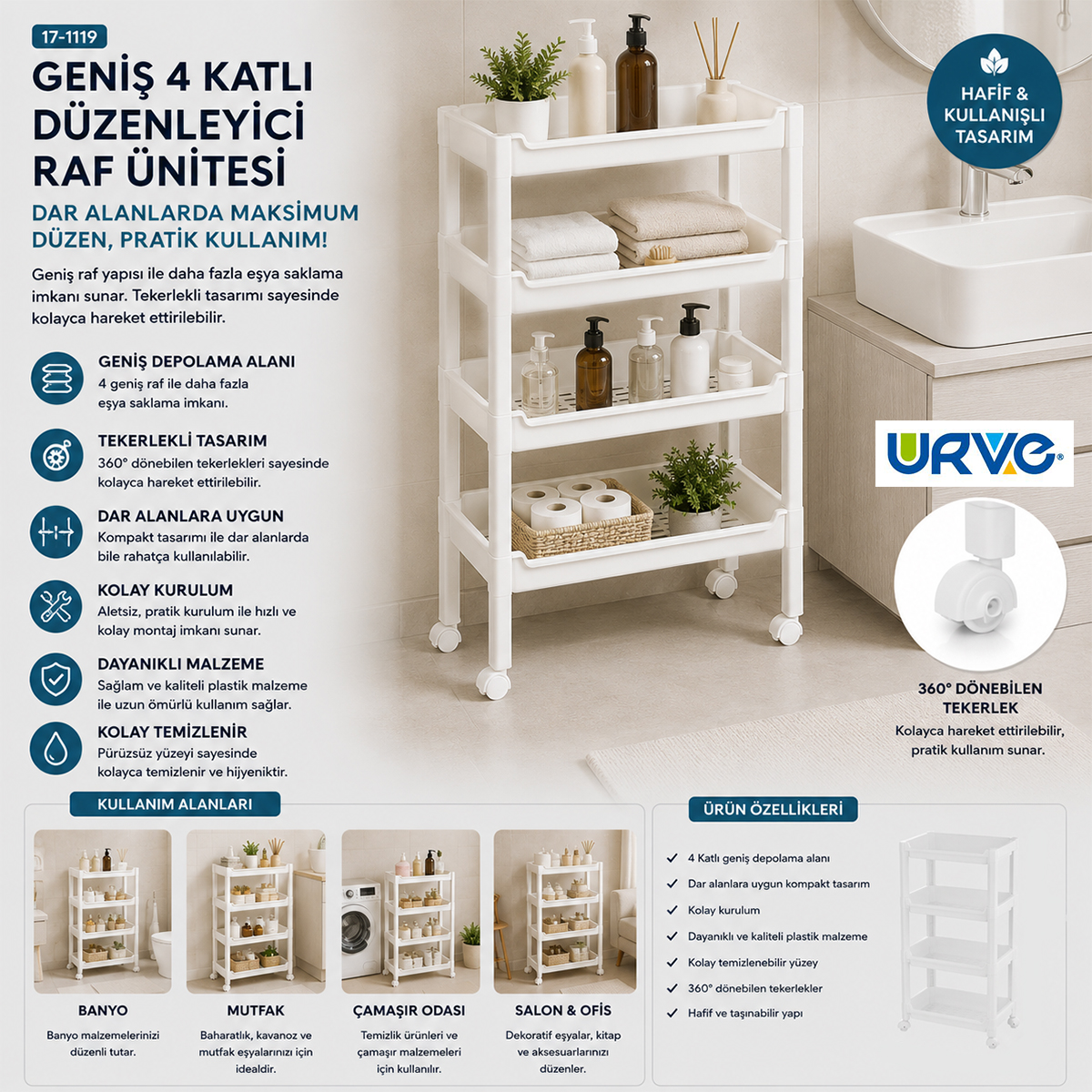 4 Katlı Tekerlekli Sepet Organizer 355x220x670 mm