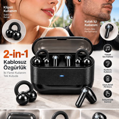 4 Kulaklıklı 2’si 1 Arada Kablosuz Bluetooth Kulaklık Klipsli Kulak İçi Siyah