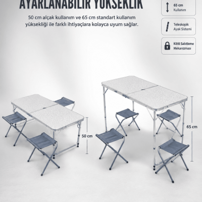 4 Sandalyeli Katlanabilir Kamp Masası Portatif Bahçe Kamp ve Piknik Masa Seti