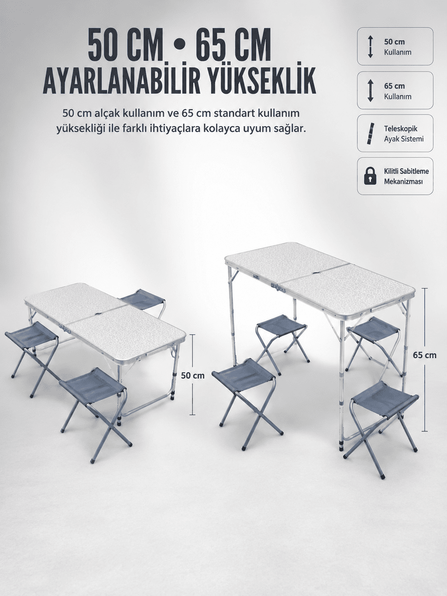 4 Sandalyeli Katlanabilir Kamp Masası Portatif Bahçe Kamp ve Piknik Masa Seti