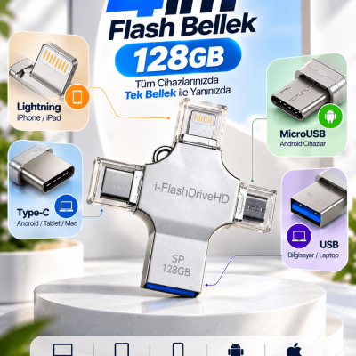 4in1 128GB USB Flash Bellek Lightning Type-C USB-A MicroUSB Girişli Çok Amaçlı Bellek