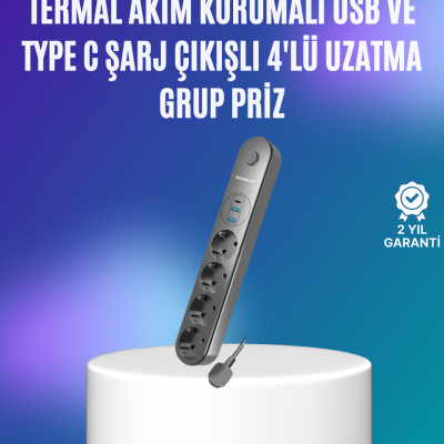 4’lü Çoklu Priz 2 USB Type-C Girişli Akım Korumalı Siyah