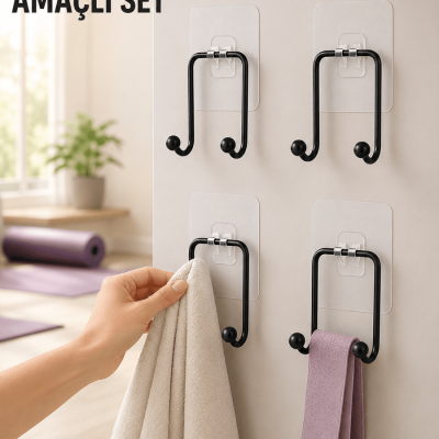 4'lü Duvar Tipi Yapışkanlı Askı Pratik Ev ve Banyo Askılık Seti