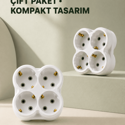 4’lü Priz Çoğaltıcı 2 Adet Set Kablosuz Duvar Tipi Priz Çoklayıcı Adaptör