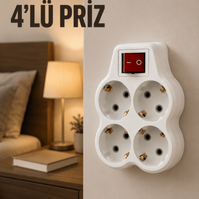 4’lü Priz Çoğaltıcı Açma Kapama Anahtarlı Kablosuz Duvar Tipi Priz Adaptörü