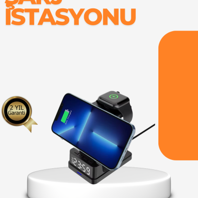 4’ü 1 Arada Kablosuz Şarj İstasyonu LED Saat Ekranlı, Akıllı Güvenlik Koruması