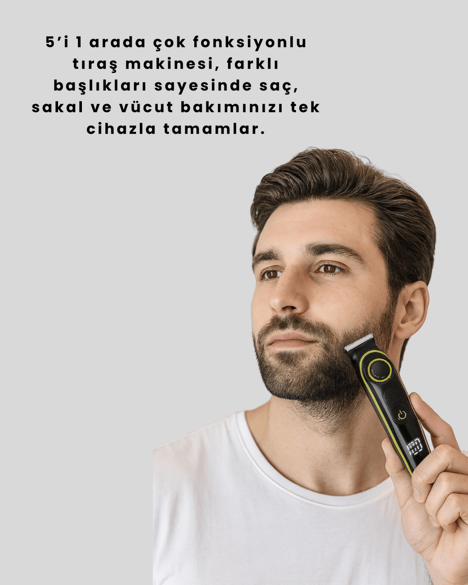 Uzun Pil Ömürlü LED Göstergeli Erkek Bakım Seti 5-in-1 Saç Sakal Tıraş Makinesi