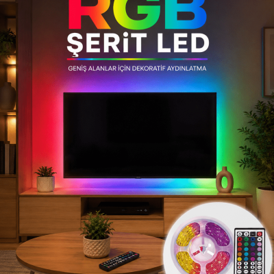 5 Metre RGB Şerit LED 5050 SMD Uzaktan Kumandalı Renkli Dekoratif LED Aydınlatma Seti